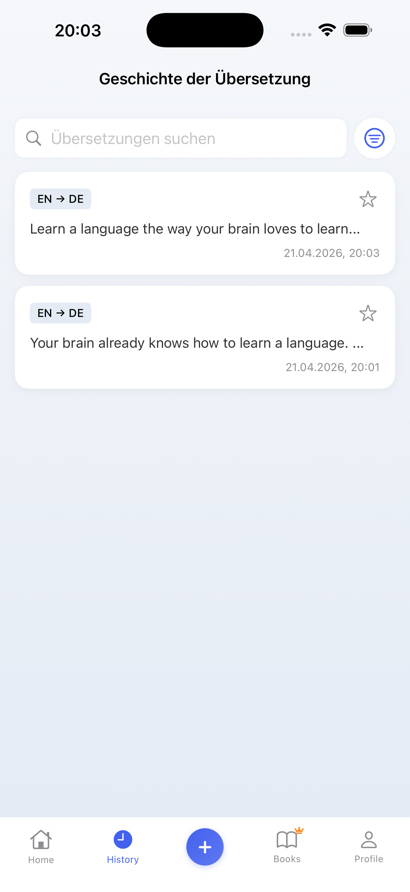 LinguaFlow Übersetzungsverlauf