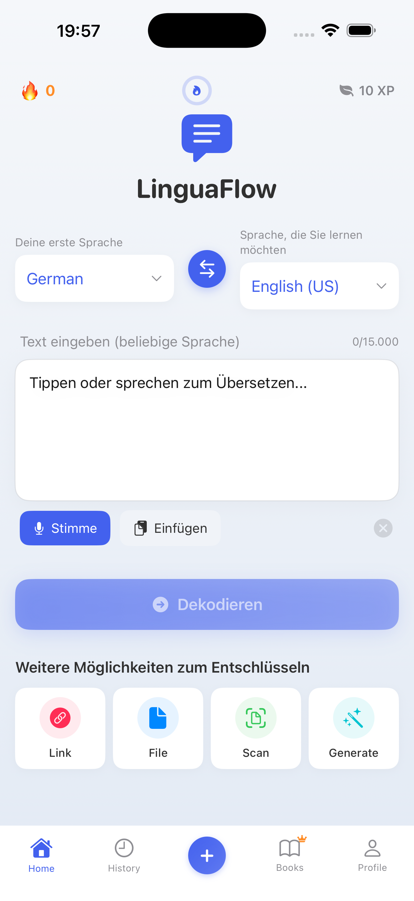 LinguaFlow Startbildschirm