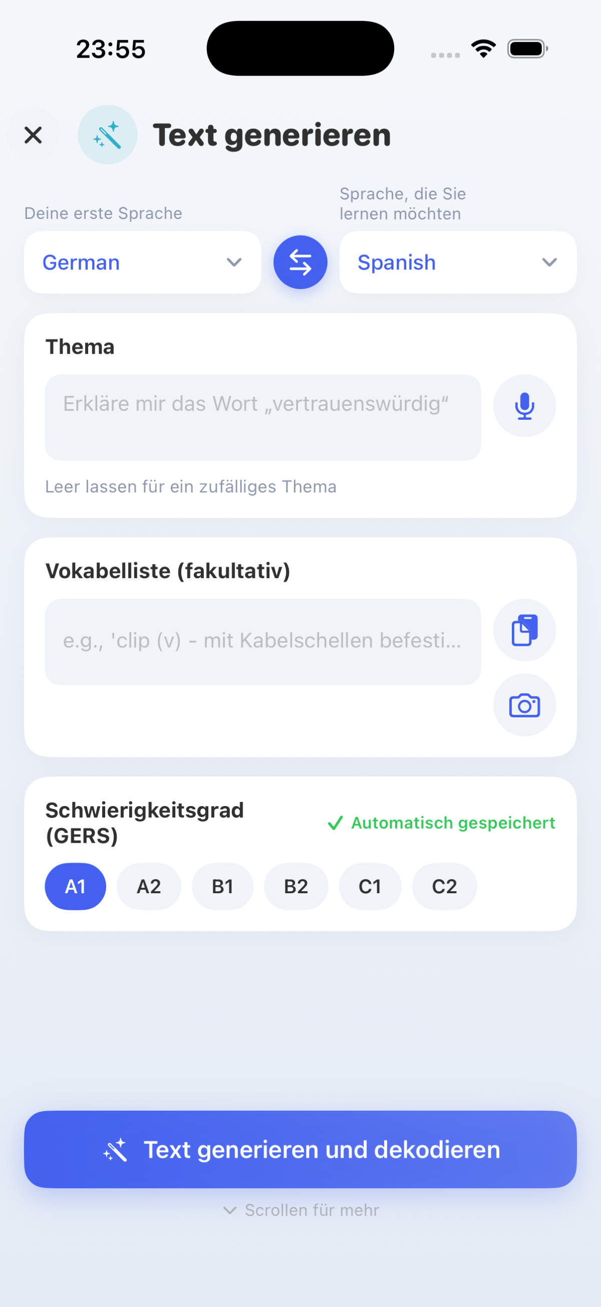 Die KI schreibt Texte zu deinem Thema – auf deinem Niveau von A1 bis C2.